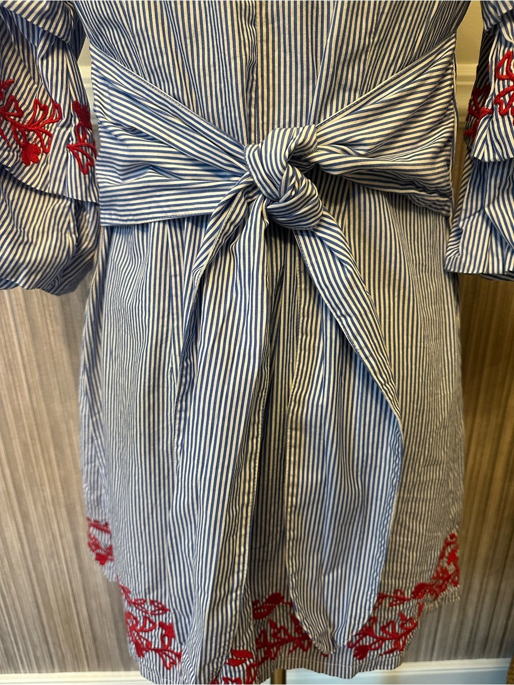 INC International Concepts Striped Embroidered Off Shoulder Dress Small Blue Red - Picture 10 of 11